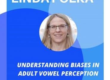 Poster advertising Linda Polka&amp;#039;s lecture, in shades of blue with a small featured headshot