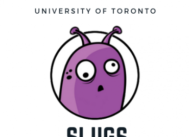 A drawing of a googly-eyed purple slug because get it? SLUGS